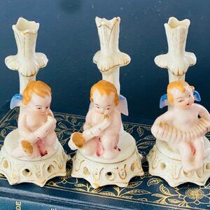 Occupied Japan Cherub Bud Vases: Porcelain Angel Figurines, Musical Instruments
